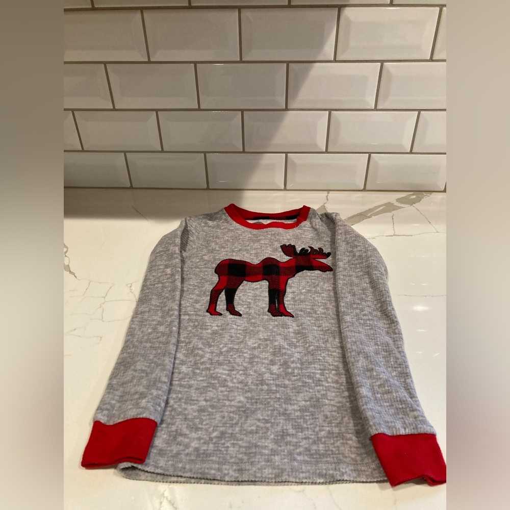NWOT Eddie Bauer grey black red plaid long sleeve moose shirt ribbed pajama kids